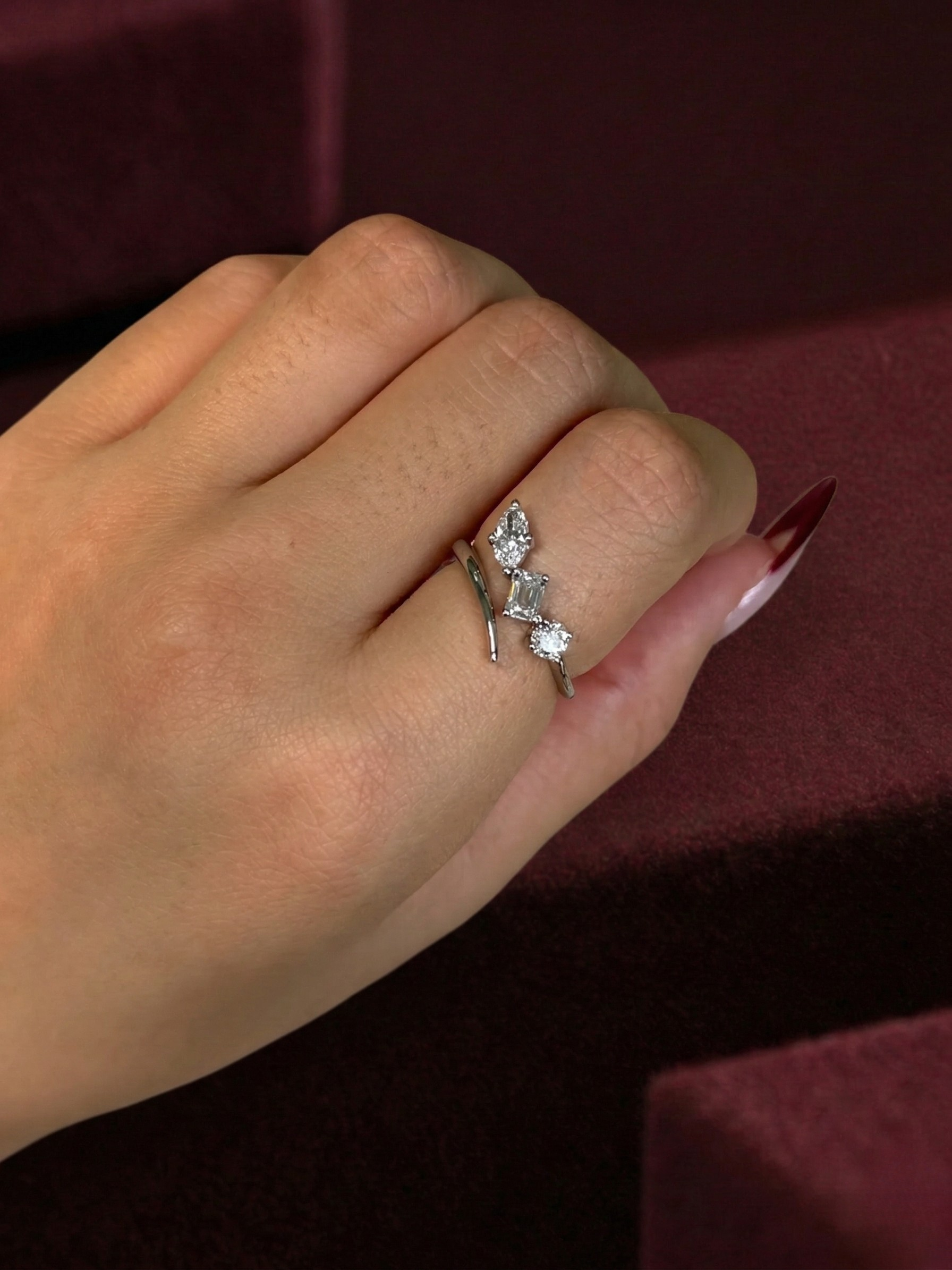 Three Stone Lab Grown Diamond Ring, Marquise Emerald Round Diamond Ring, 0.81 Carat Mixed Shape Diamond Engagement Ring, Unique Bypass Ring