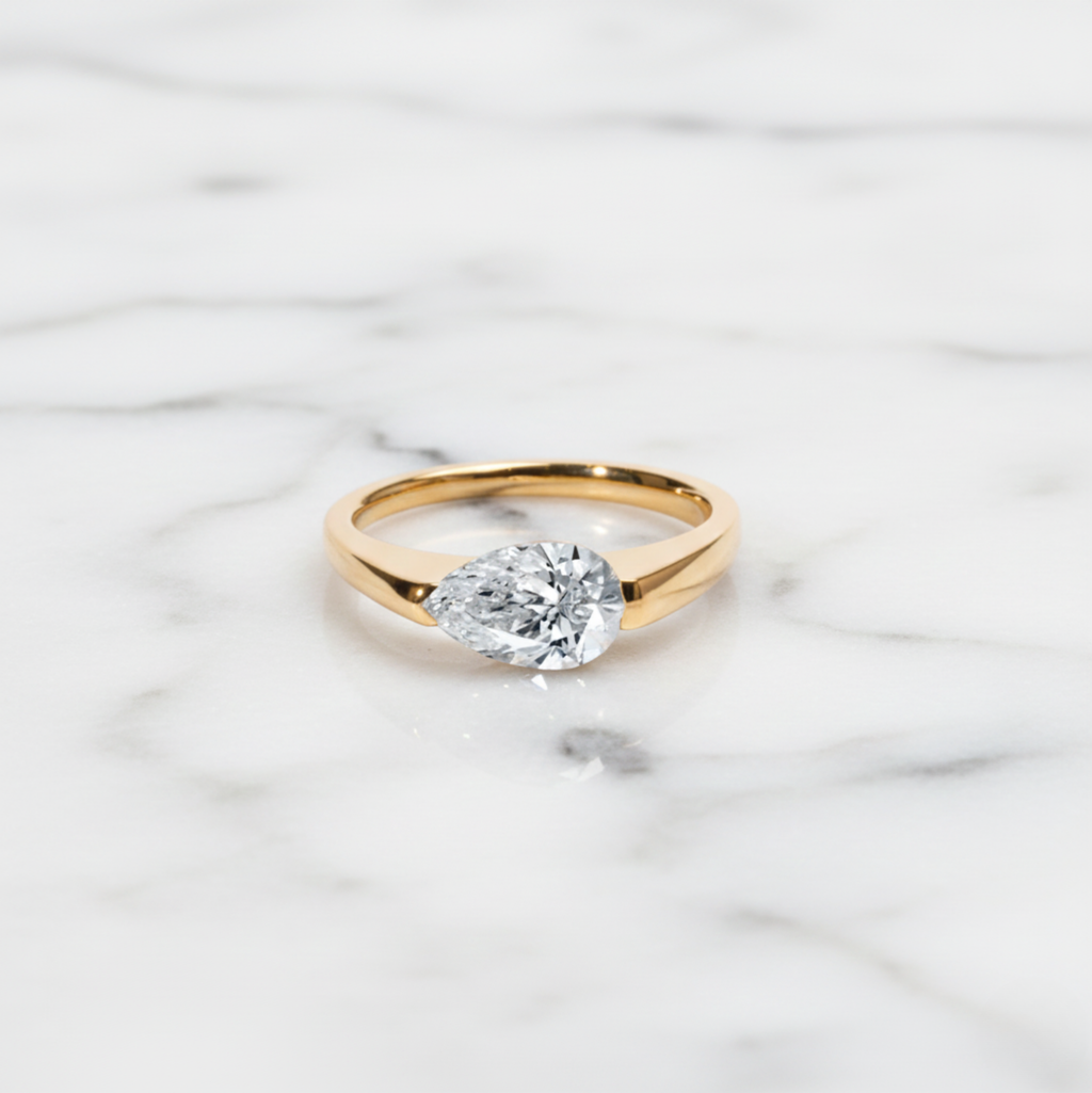 Modern Pear Cut East West Ring | Lab Grown Diamond | 14K Yellow Gold Sleek Style