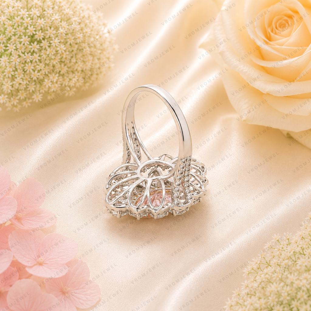 Pink Marquise Lab Grown Diamond Engagement Ring, Floral Halo Ring, Pear Shape Diamond Accents, Pink Diamond Ring, 10K 14K 18K Gold