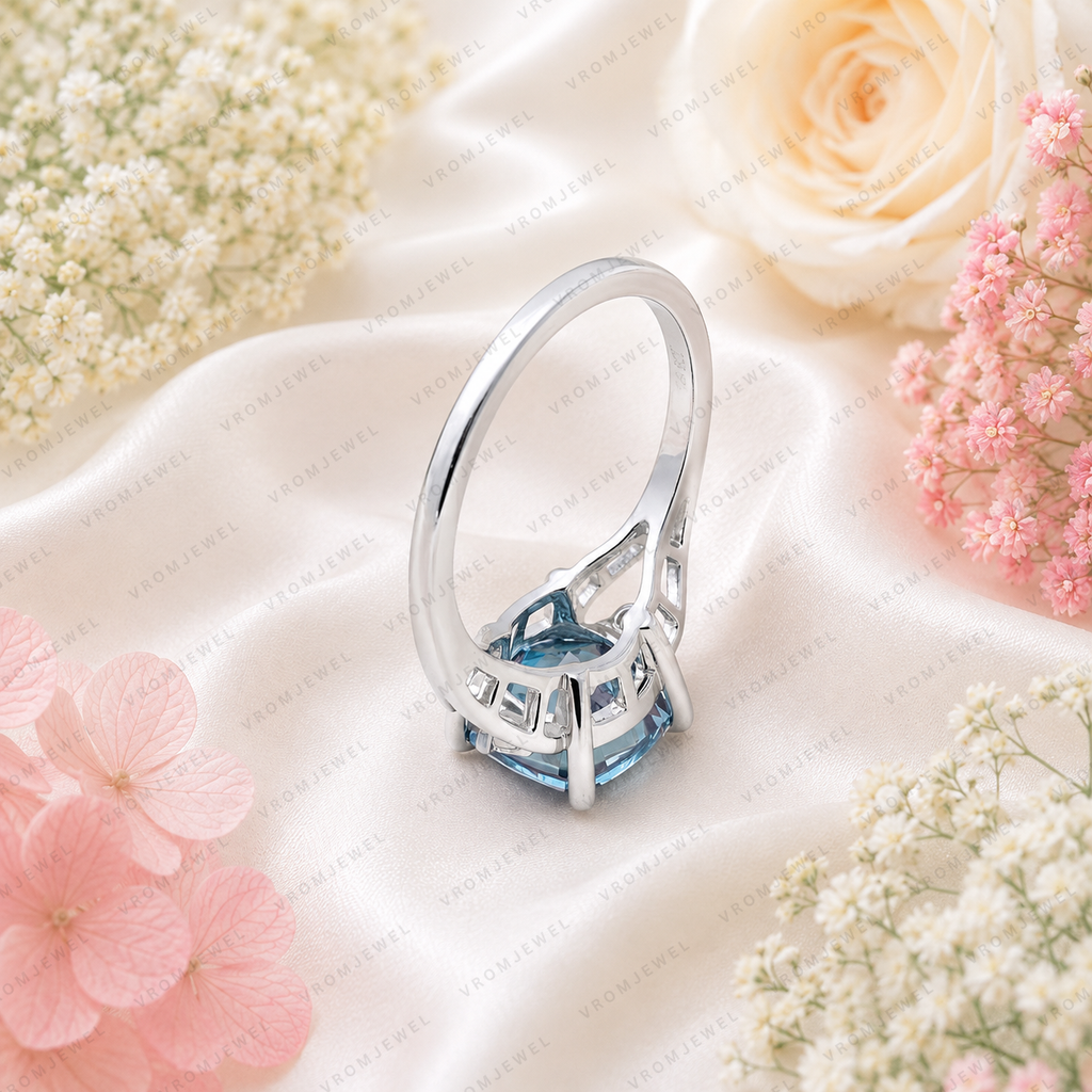 Blue Cushion Cut Lab Grown Diamond Ring, 3 Carat Blue Diamond Engagement Ring, Round Diamond Accents, Unique Statement Ring, 10K 14K 18KGold