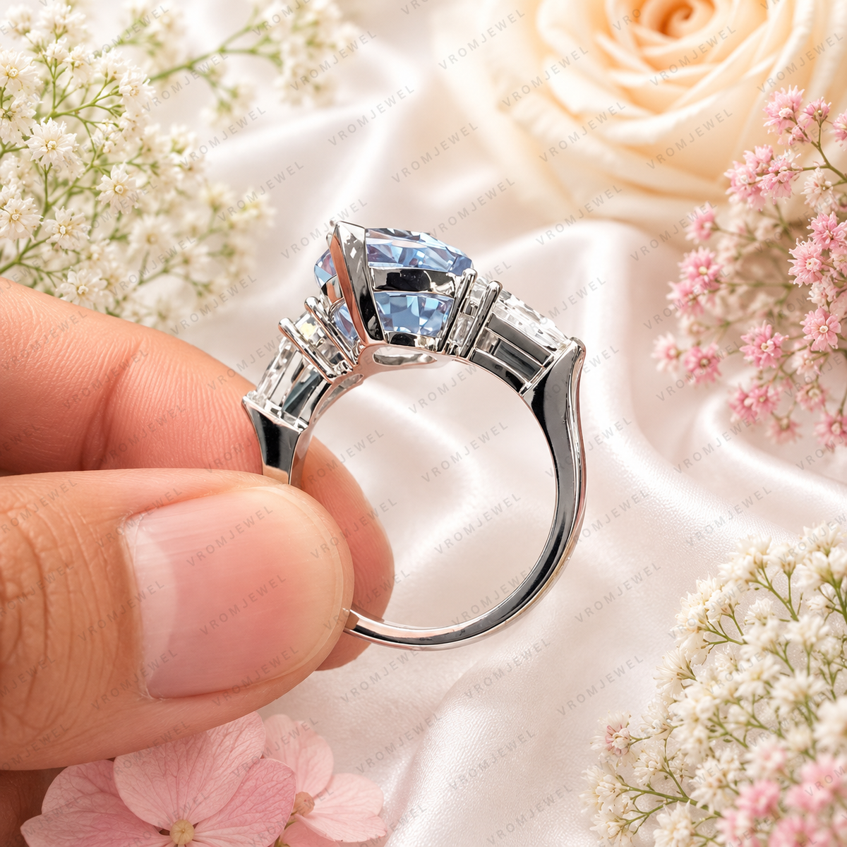 8 Carat Blue Marquise Lab Grown Diamond Ring, Blue Diamond Engagement Ring, Pear Shape Diamond Accents, Unique Statement Ring, 10K 14K 18K