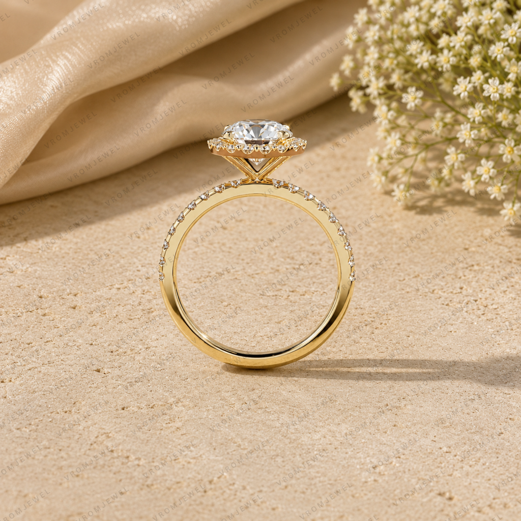Round Shape Lab Grown Diamond Halo Engagement Ring in Solid 14K Gold