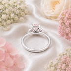 Pink Asscher Cut Lab Grown Diamond Engagement Ring, Leaf Side Stone Ring, Vintage Inspired Pink Diamond Ring, 10K 14K 18K Gold