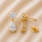 Round & Pear Cut Lab Grown Diamond Two Stone Earrings in Solid 14K Gold