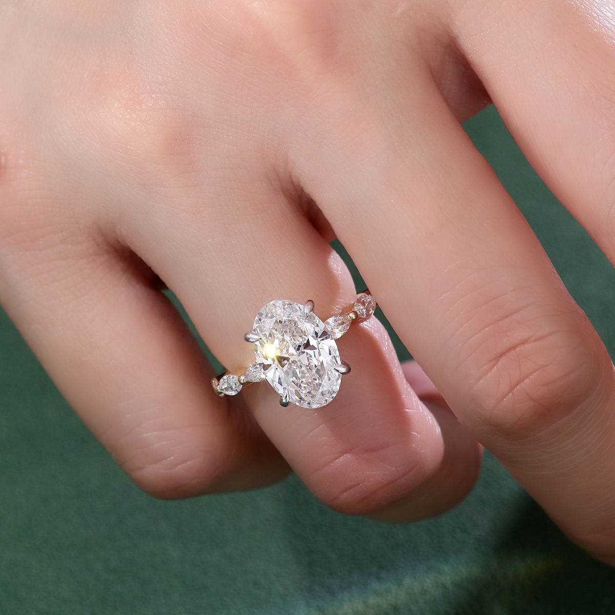 Modern Oval Cut Hidden Halo Half Eternity Ring | Lab Grown Diamond | 14K Yellow Gold