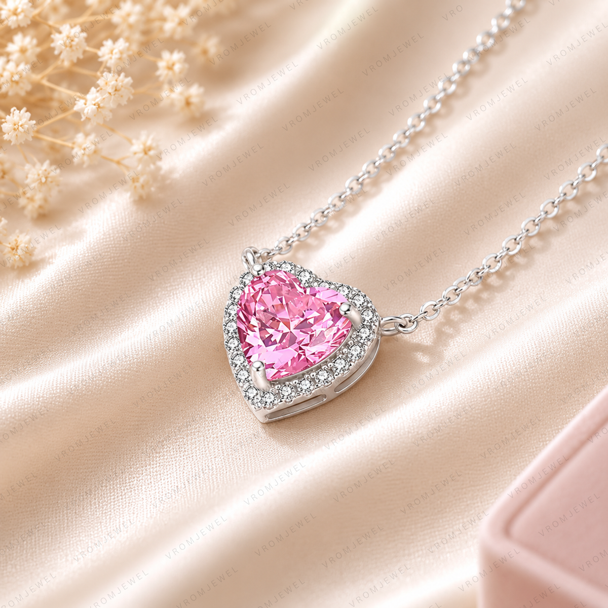Pink Heart Lab Grown Diamond Necklace, Heart Halo Pendant Necklace, Pink Diamond Necklace, Solid Gold Heart Necklace, Romantic Gift for Her
