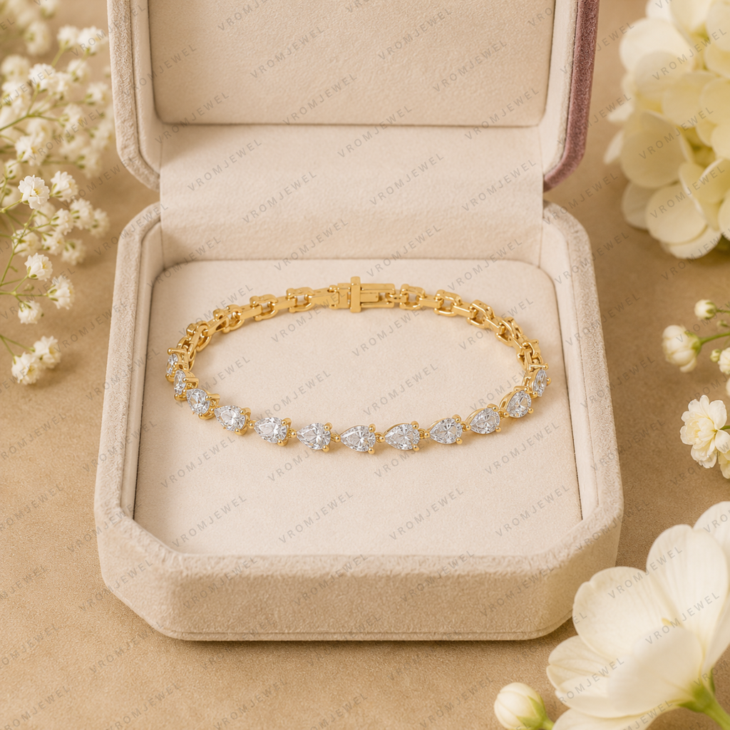 5.60ct Pear Cut Lab Grown Diamond Tennis Bracelet: 14k Gold Bridal Jewelry