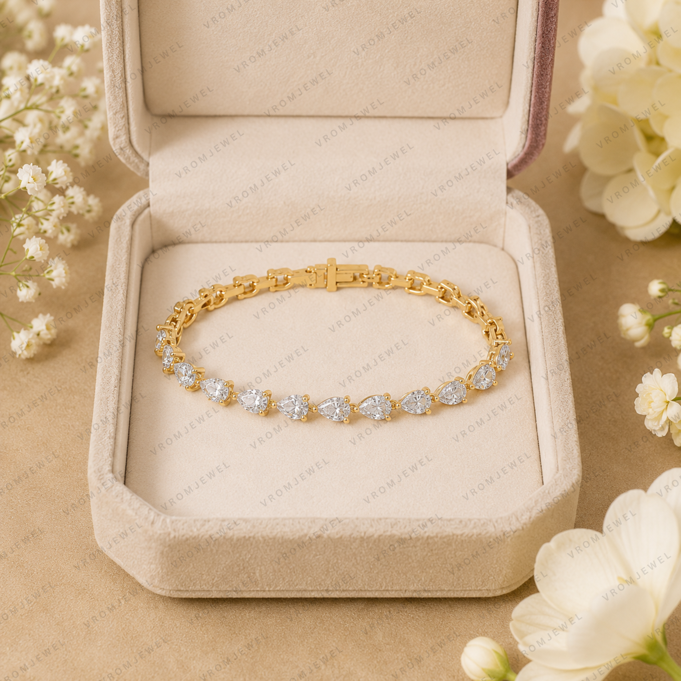 5.60ct Pear Cut Lab Grown Diamond Tennis Bracelet: 14k Gold Bridal Jewelry