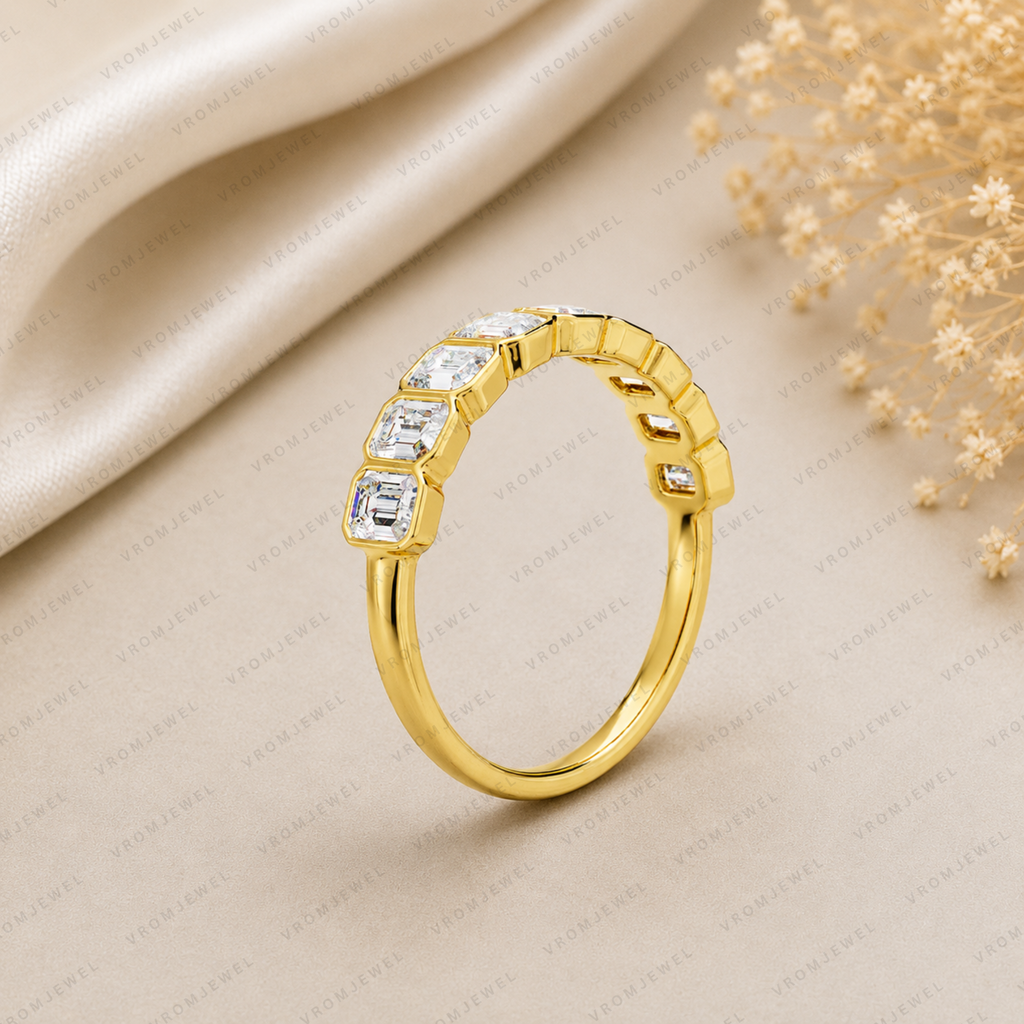 Emerald Cut Lab Grown Diamond Bezel Set Wedding Band in Solid 14K Gold