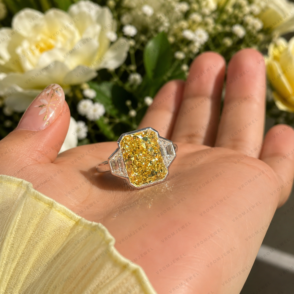6.00 Carat Yellow Radiant Lab Grown Diamond Ring, Yellow Diamond Engagement Ring, Art Deco Diamond Ring, Baguette Side Stones, 10K 14K 18K