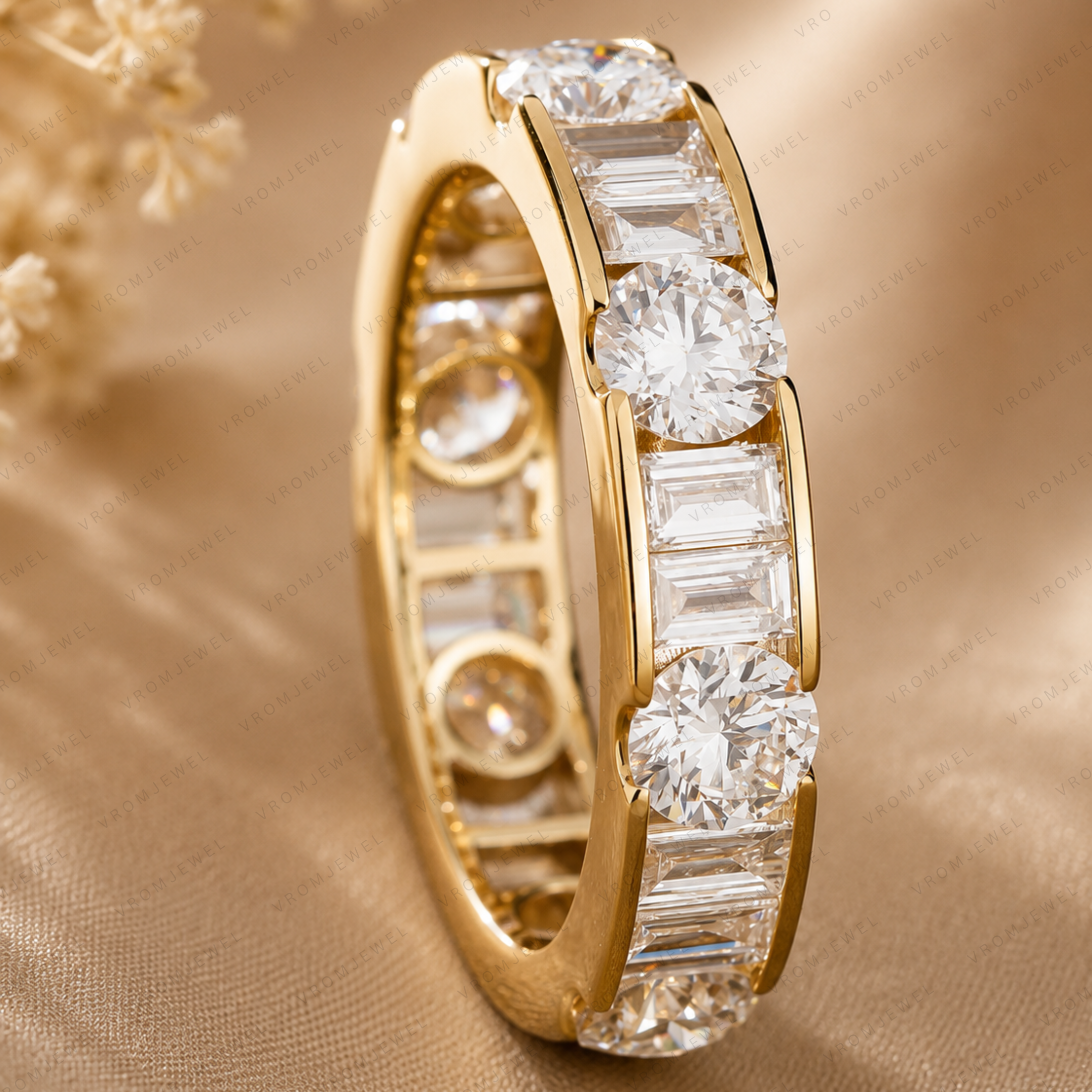 Lab Grown Diamond Eternity Band: 14K Gold Alternating Round & Baguette Anniversary Ring