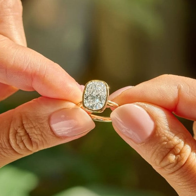 Modern Cushion Bezel Solitaire Engagement Ring | Lab Grown Diamond | 14K Yellow Gold