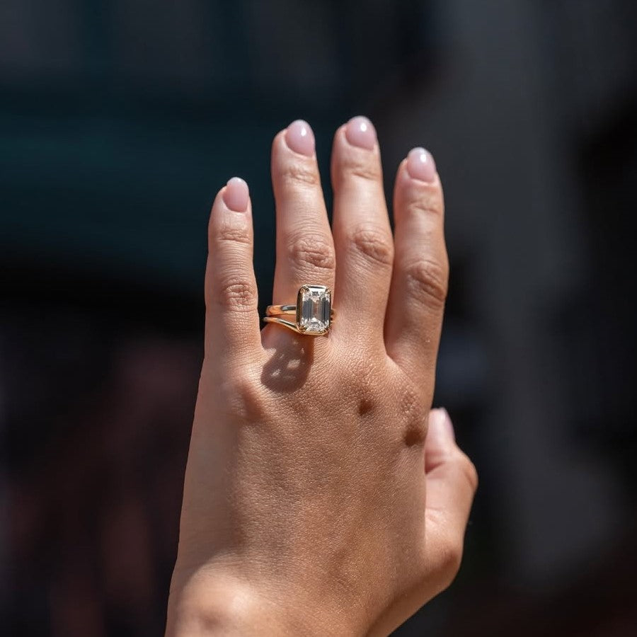 Modern Emerald Solitaire Bezel with 2 Prong Setting Engagement Ring | Lab Grown Diamond | 14K Yellow Gold