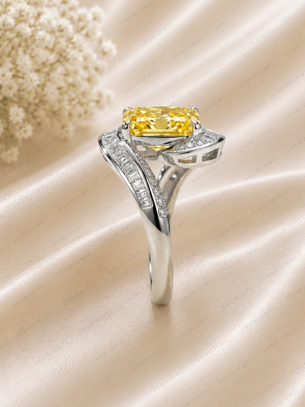 Yellow Radiant Lab Grown Diamond Ring, Radiant Cut Statement Ring, Modern Bypass Engagement Ring, Solid Gold Diamond Ring, Yellow Diamond