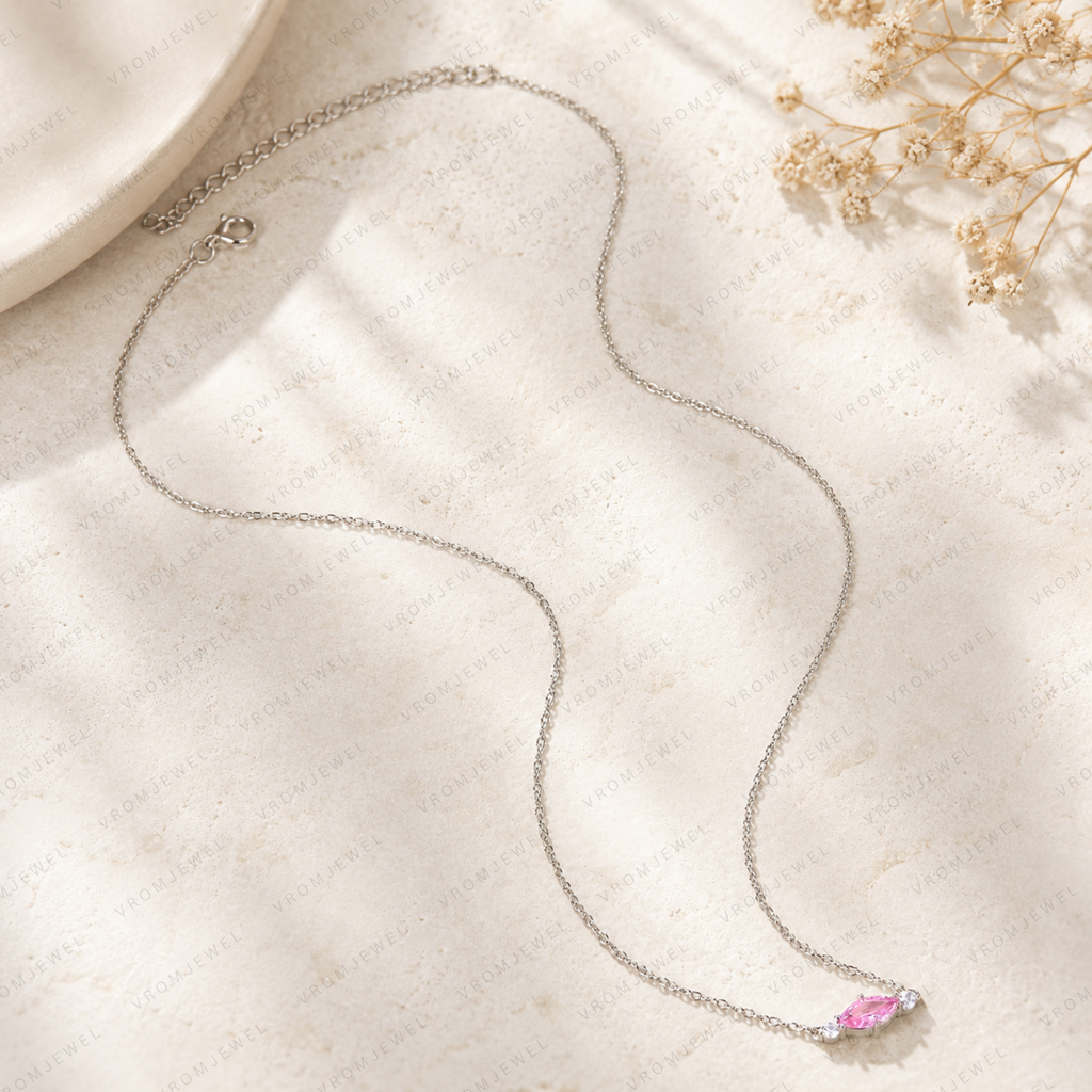Pink Marquise Lab Grown Diamond Necklace, Marquise Diamond Pendant, Pink Diamond Necklace, Solid Gold Necklace, Minimalist Diamond Necklace