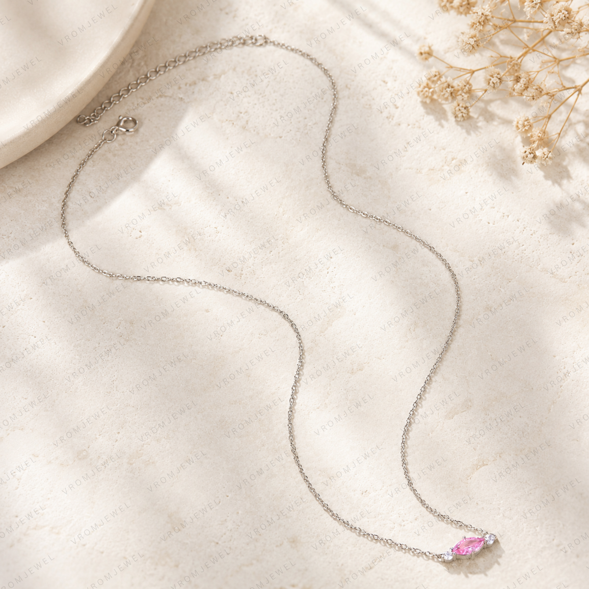 Pink Marquise Lab Grown Diamond Necklace, Marquise Diamond Pendant, Pink Diamond Necklace, Solid Gold Necklace, Minimalist Diamond Necklace