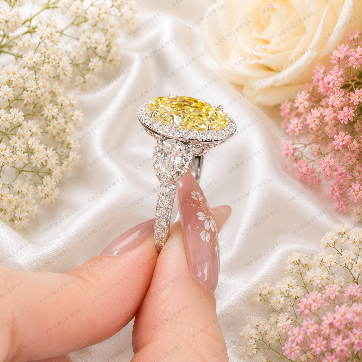 5.50 Carat Yellow Oval Lab Grown Diamond Engagement Ring, Yellow Diamond Halo Ring, Oval Cut Statement Ring, Pear Diamond Accents, Gold Ring