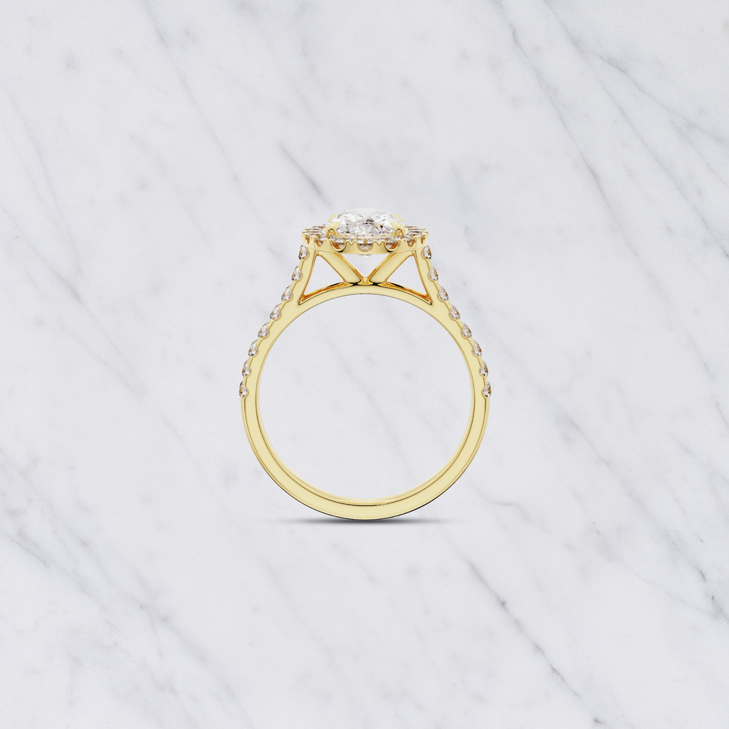 Oval Shape Lab Grown Diamond Halo Engagement Ring with Side Stones in Solid 14K Gold