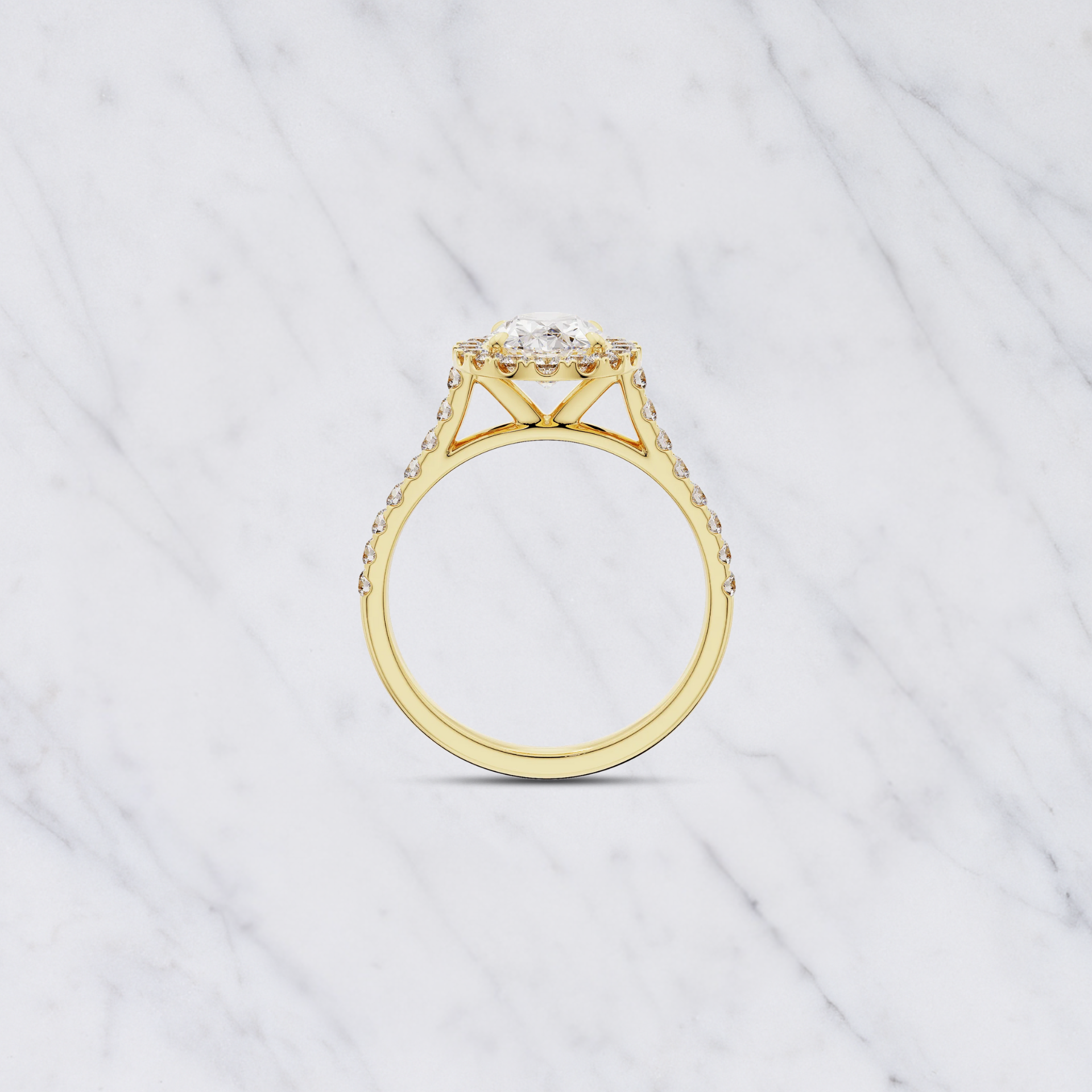 Oval Shape Lab Grown Diamond Halo Engagement Ring with Side Stones in Solid 14K Gold