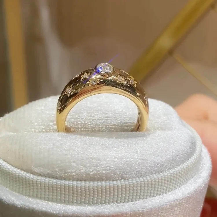 Star Celestial Domed Ring | Lab Grown Diamond | 14K Yellow Gold Cigar Band