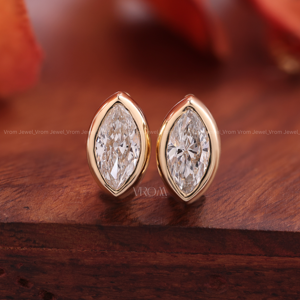 Marquise Stud Earrings Bezel Setting | Lab Grown Diamond | 14K Yellow Gold Fine Jewelry