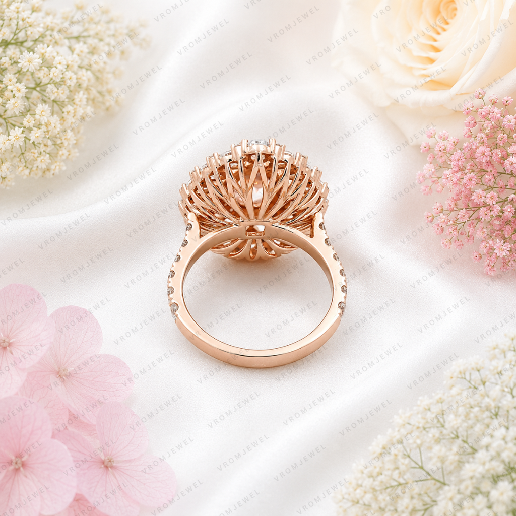 Pink Pear Shape Lab Grown Diamond Engagement Ring, Floral Halo Diamond Ring, Pink Diamond Ring, Pavé Band, 10K 14K 18K Gold