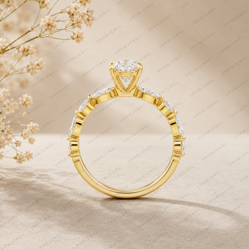 Oval Lab Grown Diamond Engagement Ring with Marquise & Round Halo in Solid 14K Gold