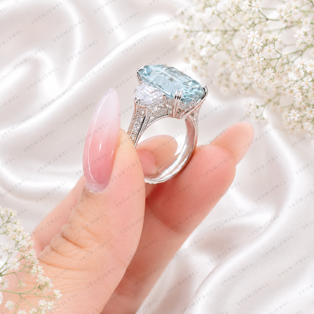 Blue Criss Cut Lab Grown Diamond Engagement Ring, 5 Carat Blue Diamond Ring, Criss Cut Statement Ring, Baguette Side Stones, Pavé Band