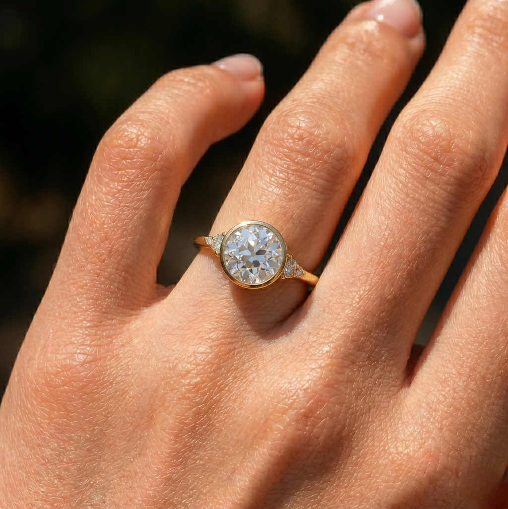 Old European Cut Lab Grown Diamond Ring | 2 CT | Vintage Style with Side Accents | Bezel Engagement Ring | 14K Gold