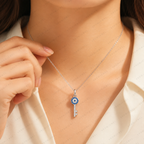 Key Pendant Lab Grown Diamond Necklace, Blue & White Diamond Choker, Key Shape Necklace, Solid Gold Diamond Pendant, Vintage Key Necklace