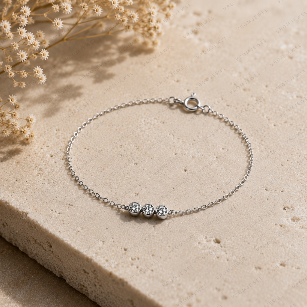Dainty Trio Round Lab Grown Diamond Bracelet in Solid 14K Gold