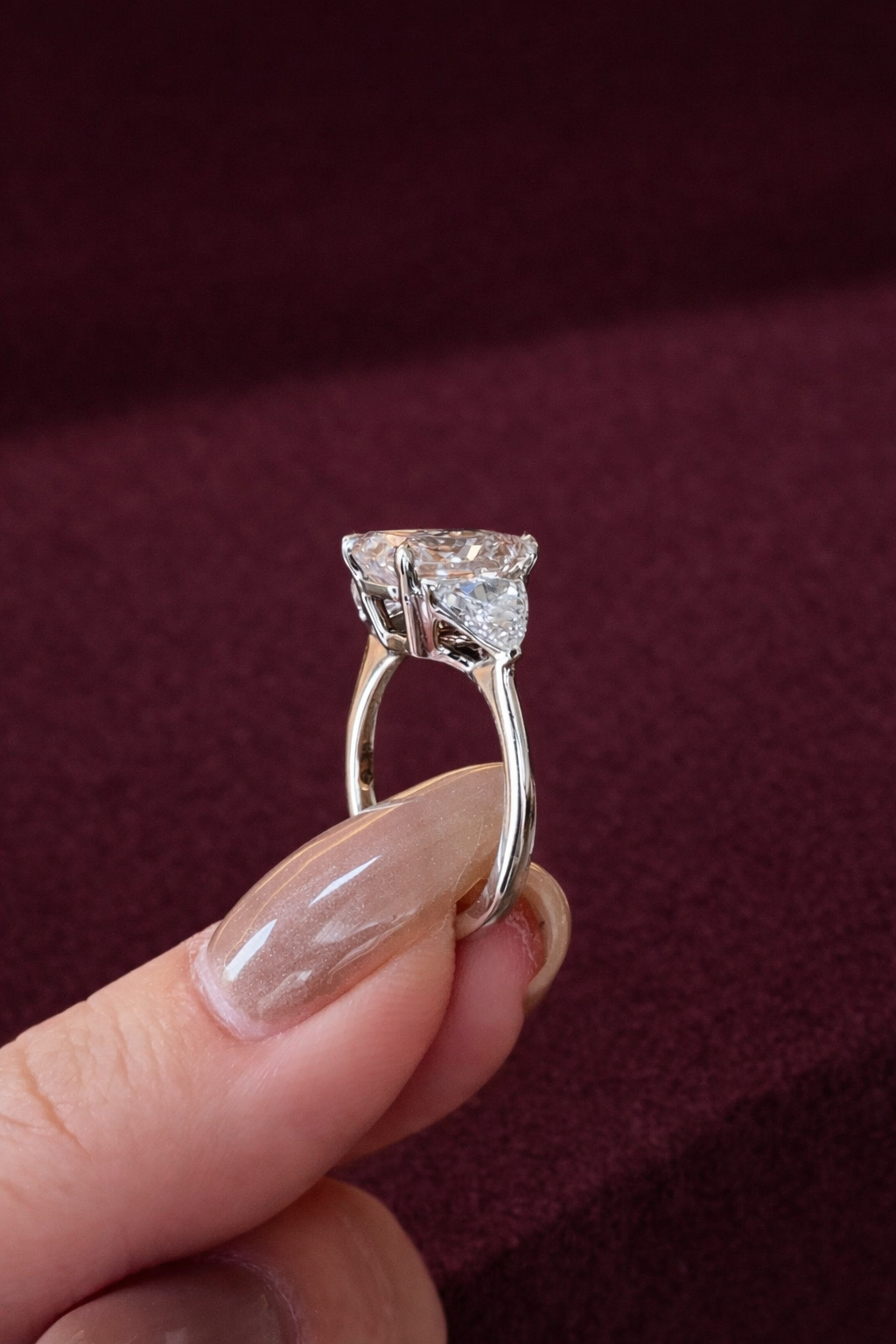 Pink Radiant Diamond Engagement Ring, Three Stone Diamond Ring with Trillion Side Stones, Unique Pink Diamond Ring, Luxury Engagement Ring