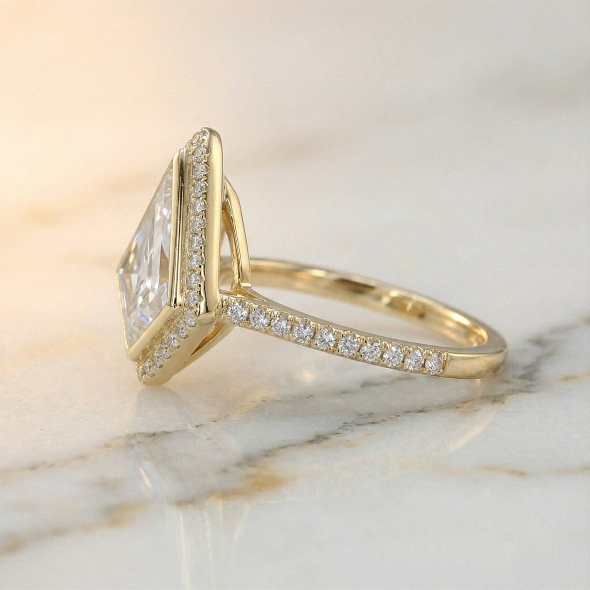 Art Deco Kite Cut Halo Ring | Lab Grown Diamond | 14K Yellow Gold Geometric Design