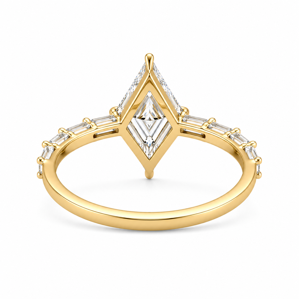 Lozenge Shape Lab Grown Diamond Ring | 2 CT | Baguette Pave Band | Geometric Modern Engagement Ring | 14K Gold