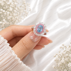 Blue Oval Lab Grown Diamond Ring, 1.30 Carat Blue Diamond Engagement Ring, Pink Round & F Color Marquise Accents, Floral Halo Ring
