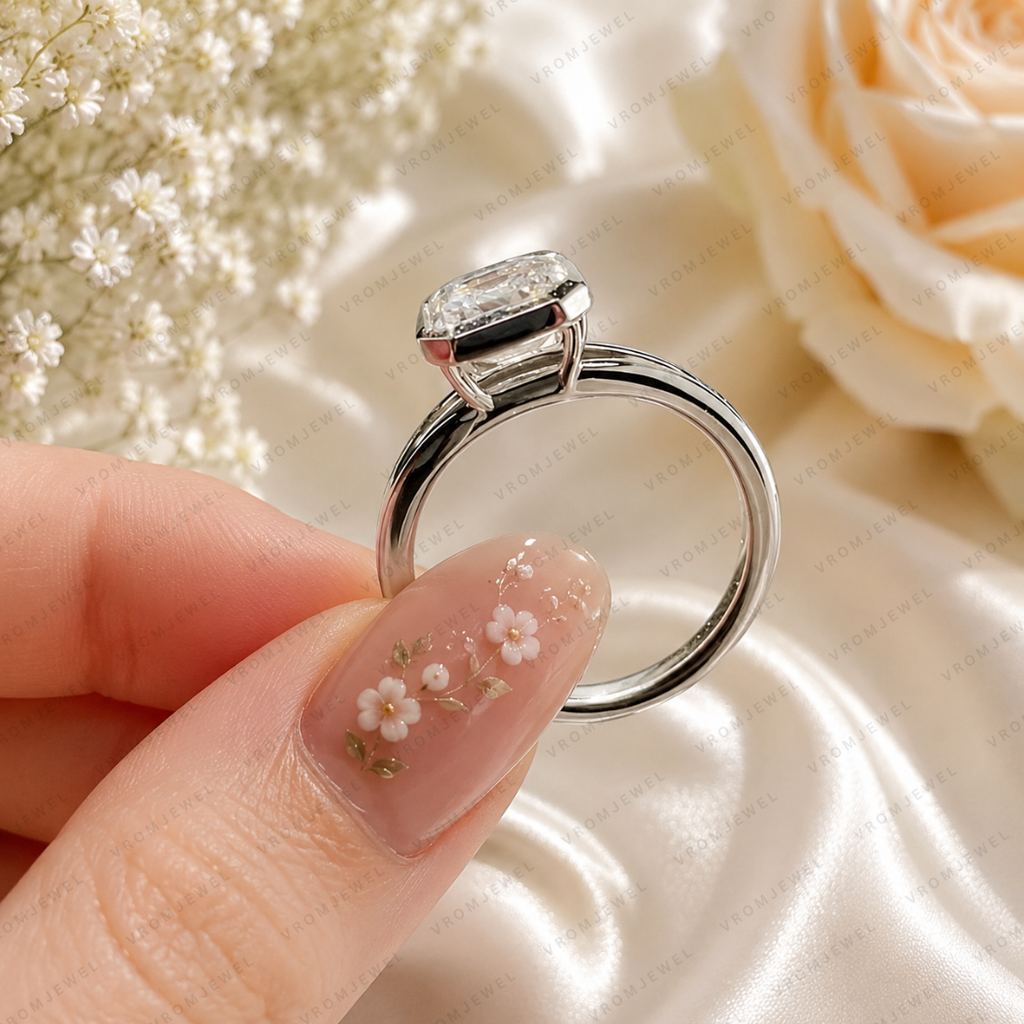 Asscher Cut Lab Grown Diamond Engagement Ring, Bezel Set Solitaire Ring, F Color Diamond, IGI Certified, 10K 14K 18K Gold