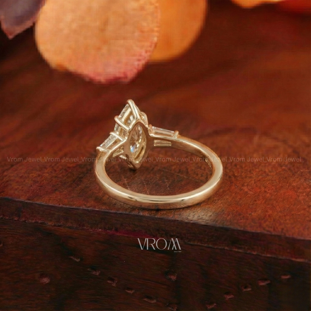 Marquise Cut 3 Stone Ring with Tapered Baguette Trio | Lab Grown Diamond | 14K Yellow Gold