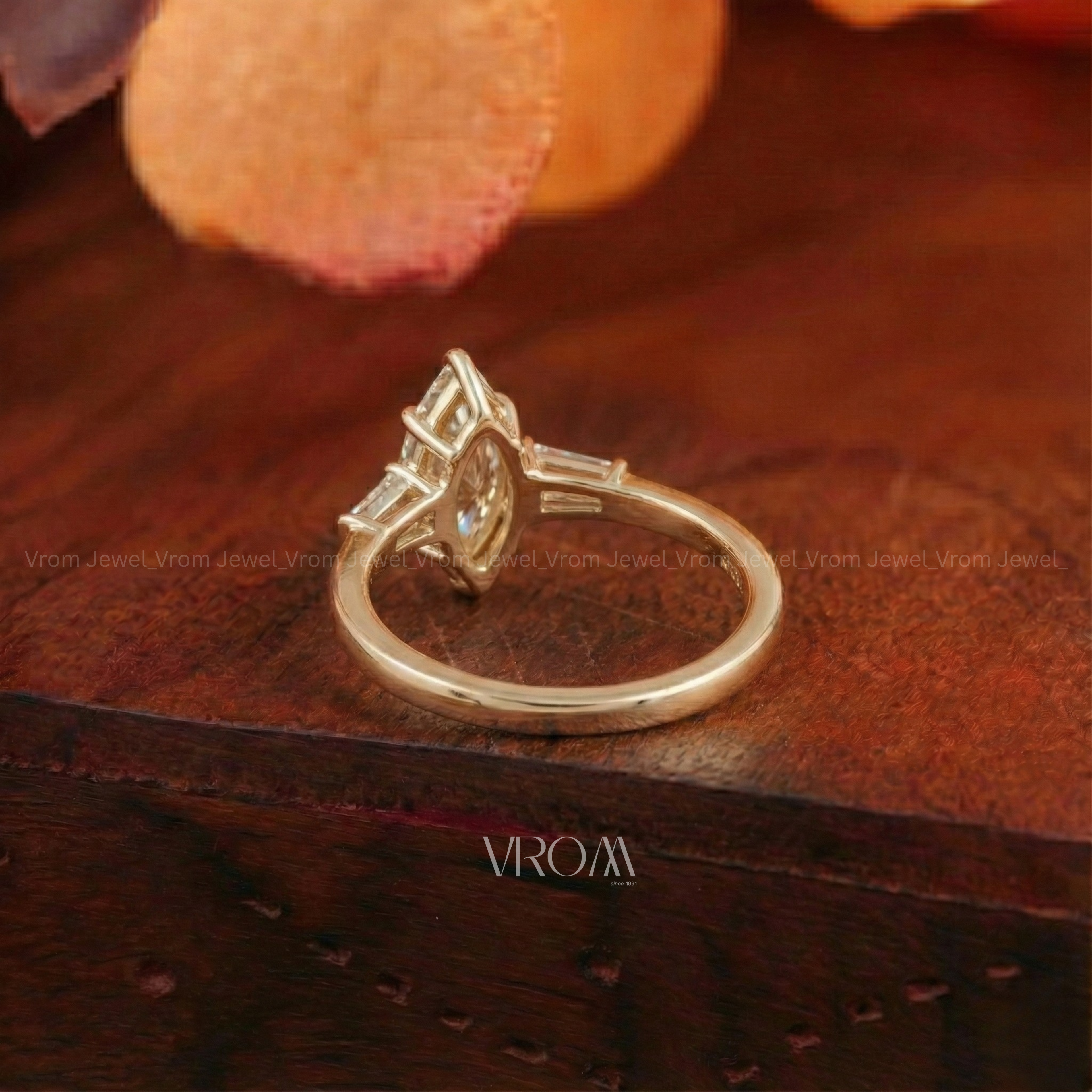 Marquise Cut 3 Stone Ring with Tapered Baguette Trio | Lab Grown Diamond | 14K Yellow Gold