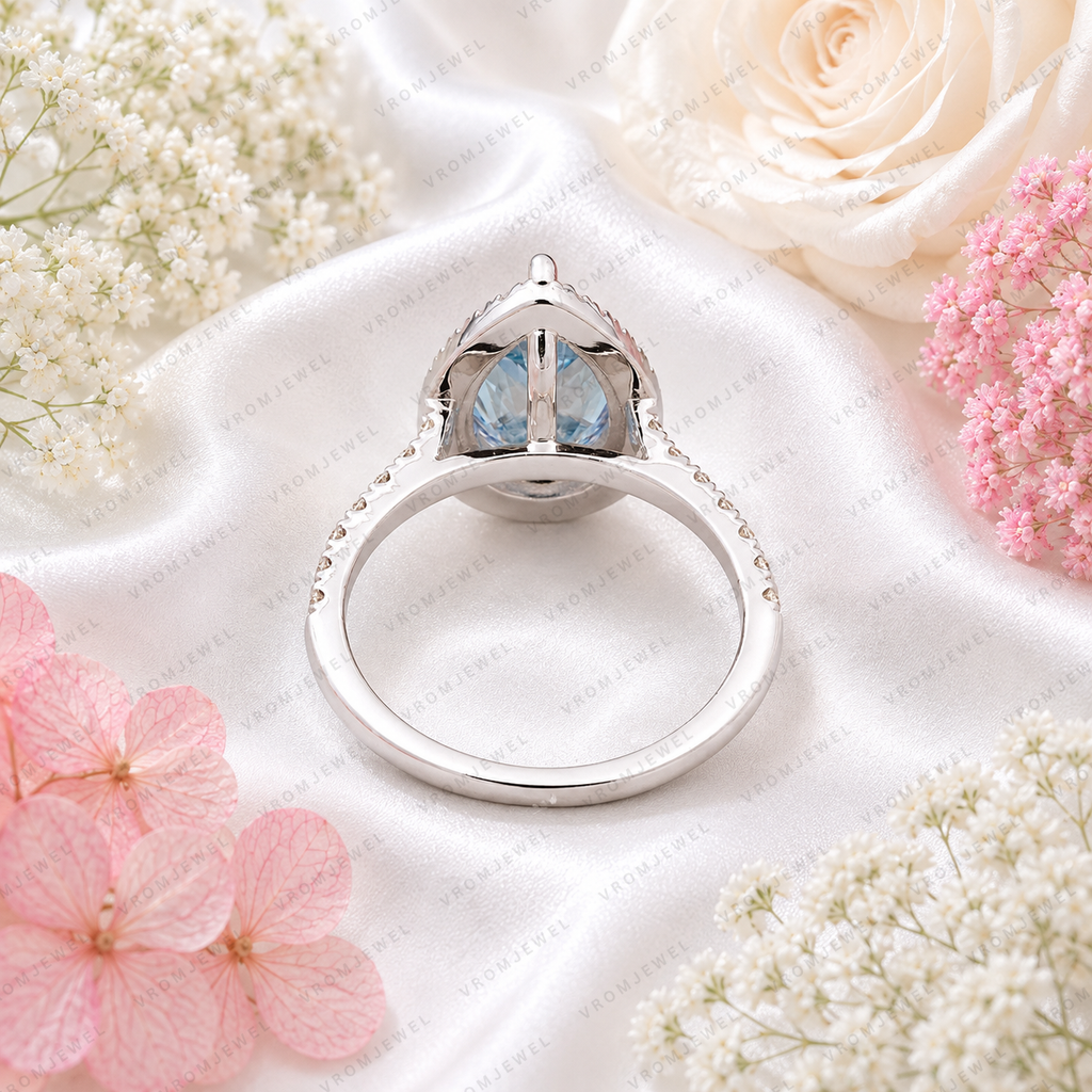 Blue Pear Shape Lab Grown Diamond Ring, 3 Carat Blue Diamond Engagement Ring, Pear Cut Halo Ring, Pavé Diamond Band, Blue Bridal Ring