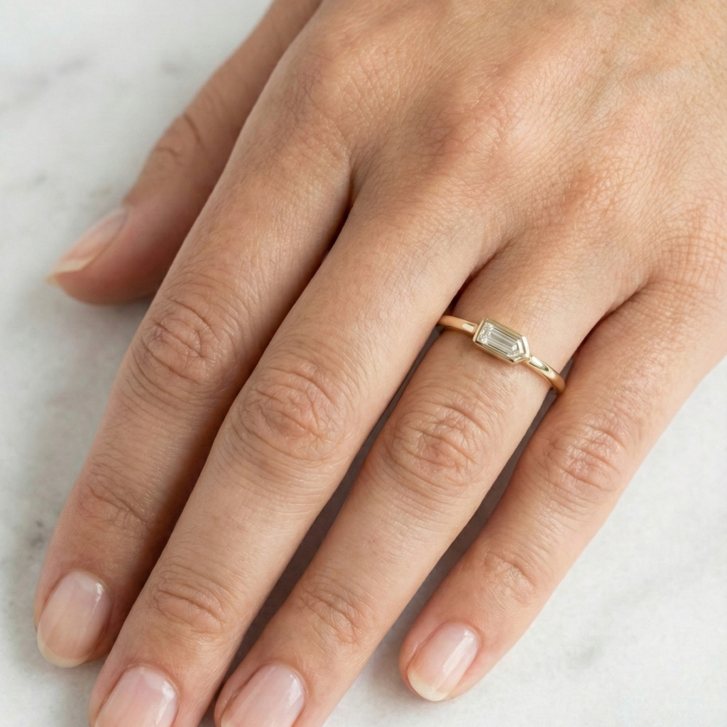 Bullet Cut East West Bezel Set Solitaire Ring | Lab Grown Diamond | 14K Yellow Gold