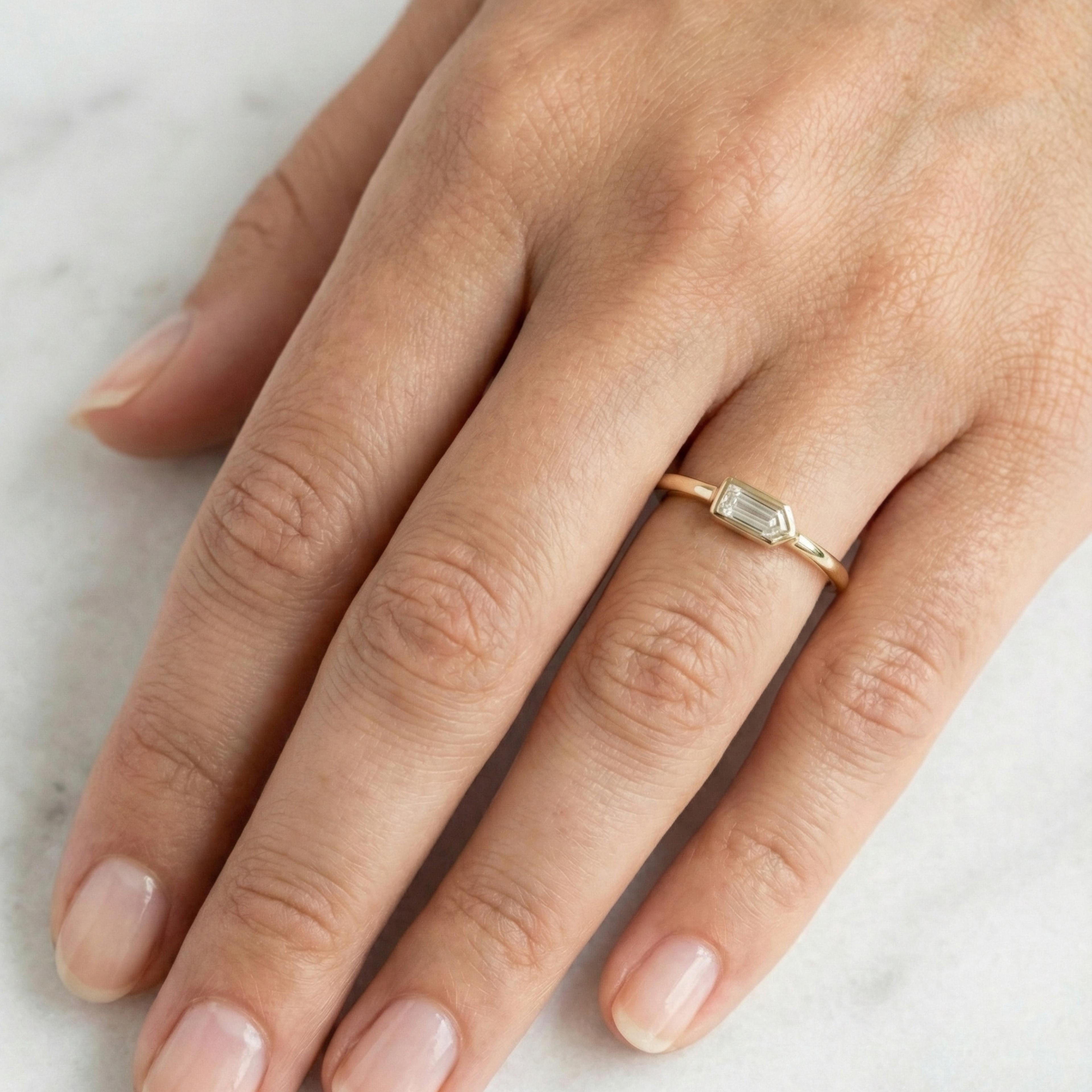 Bullet Cut East West Bezel Set Solitaire Ring | Lab Grown Diamond | 14K Yellow Gold