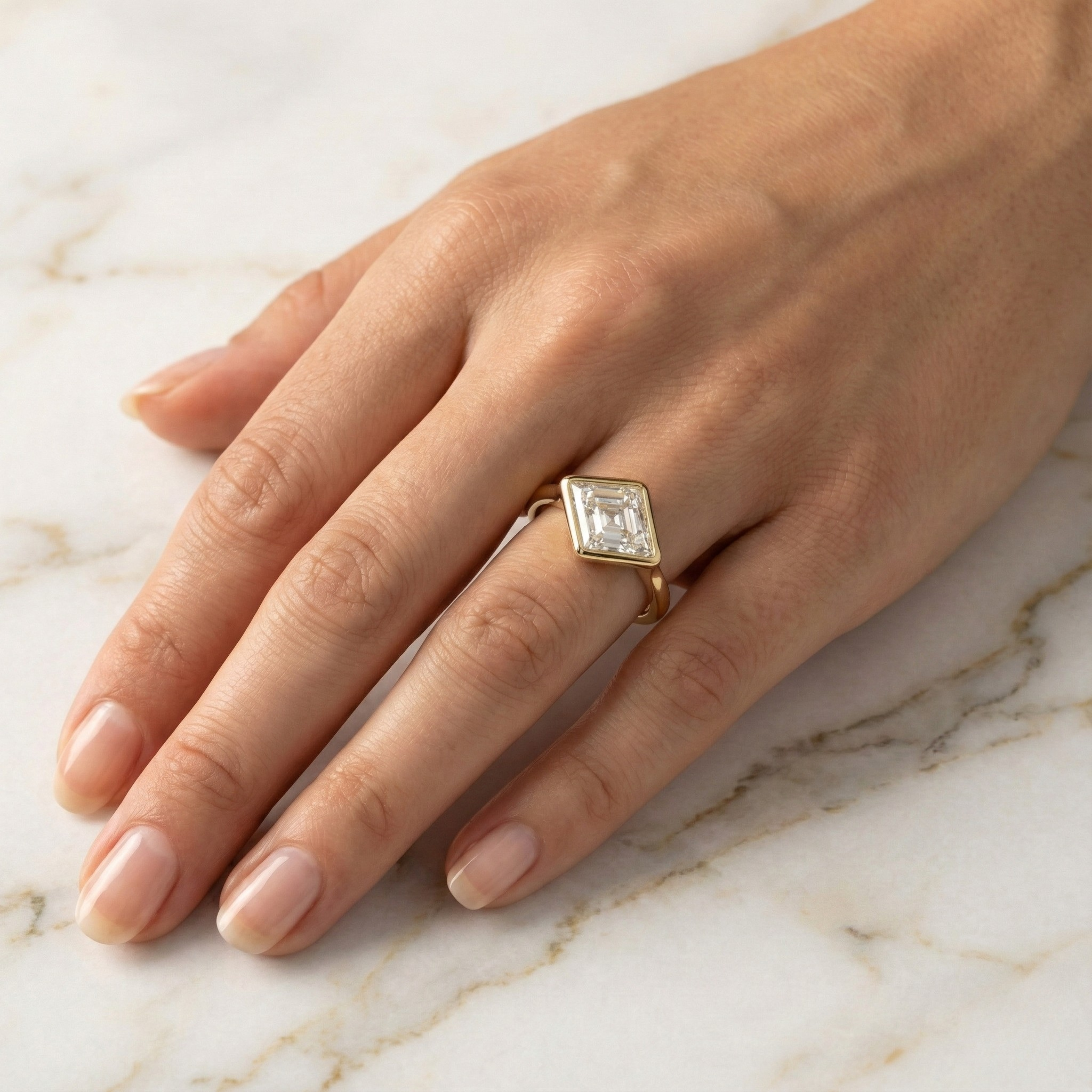 East West Lozenge Cut Bezel Set Solitaire Ring | Lab Grown Diamond | 14K Yellow Gold