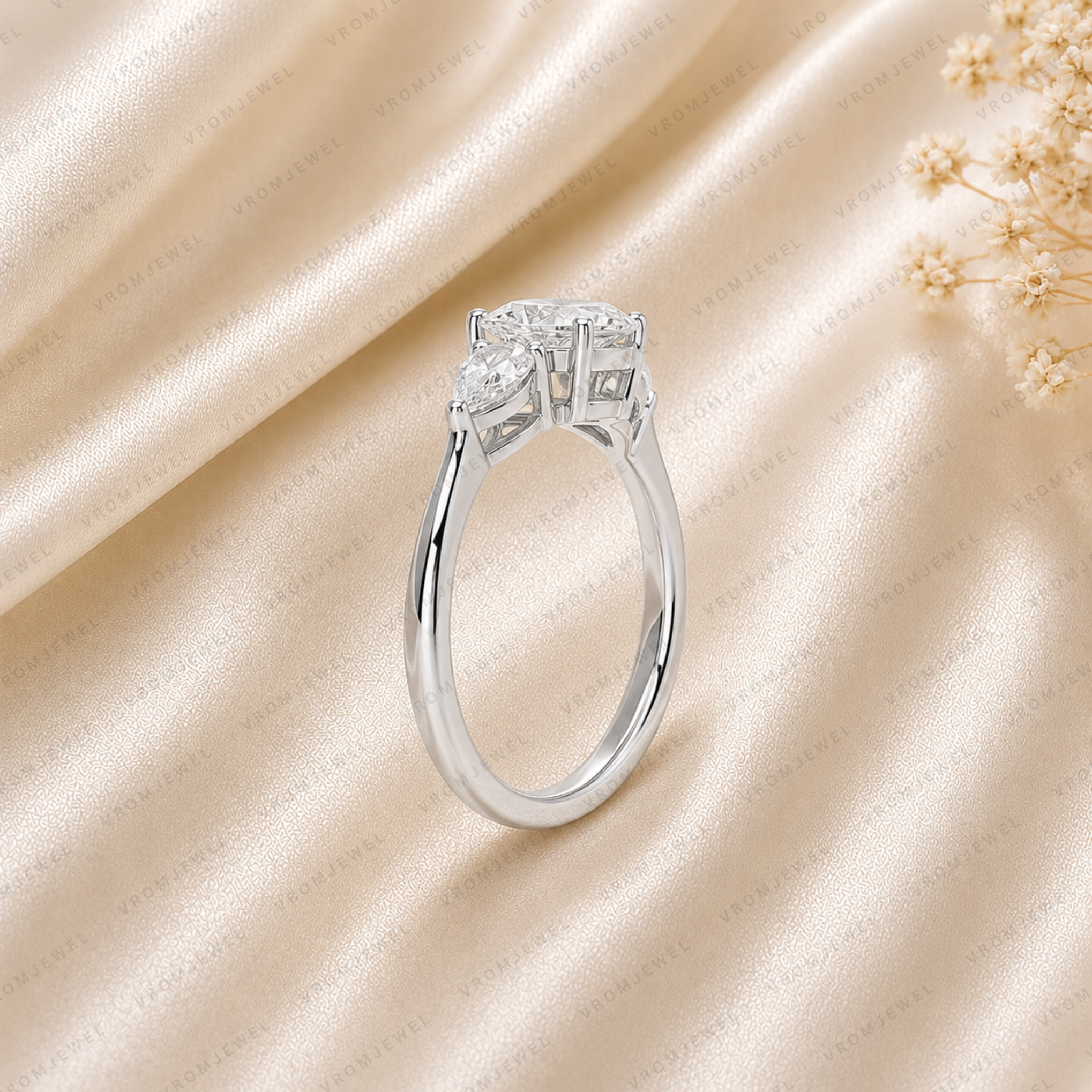 Oval Engagement Ring | Lab Grown Diamond | Pear Side Stones | Prong Set | 14K Yellow Gold