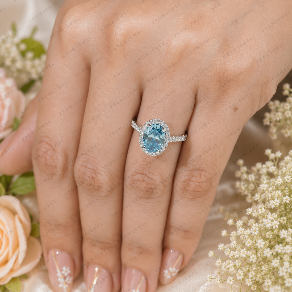 Blue Oval Lab Grown Diamond Ring, 2 Carat Blue Diamond Engagement Ring, Oval Cut Halo Ring, Pavé Diamond Halo, Classic Bridal Ring