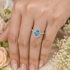 Blue Oval Lab Grown Diamond Ring, 2 Carat Blue Diamond Engagement Ring, Oval Cut Halo Ring, Pavé Diamond Halo, Classic Bridal Ring