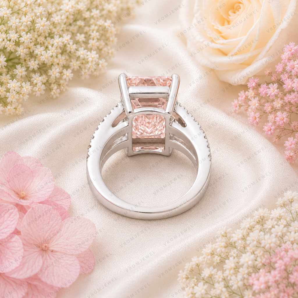 Pink Emerald Cut Lab Grown Diamond Engagement Ring, Split Shank Diamond Ring, Pink Diamond Ring, Pavé Setting, 10K 14K 18K Gold