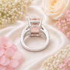 Pink Emerald Cut Lab Grown Diamond Engagement Ring, Split Shank Diamond Ring, Pink Diamond Ring, Pavé Setting, 10K 14K 18K Gold