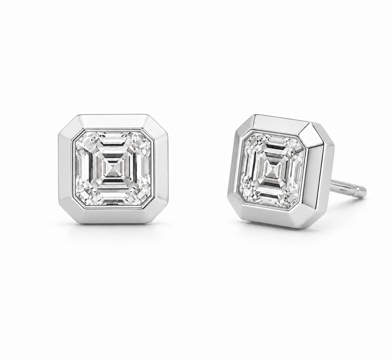 Asscher Cut Lab Grown Diamond Stud Earrings | 2 CTW | Bezel Set | Modern Geometric Studs | 14K Gold