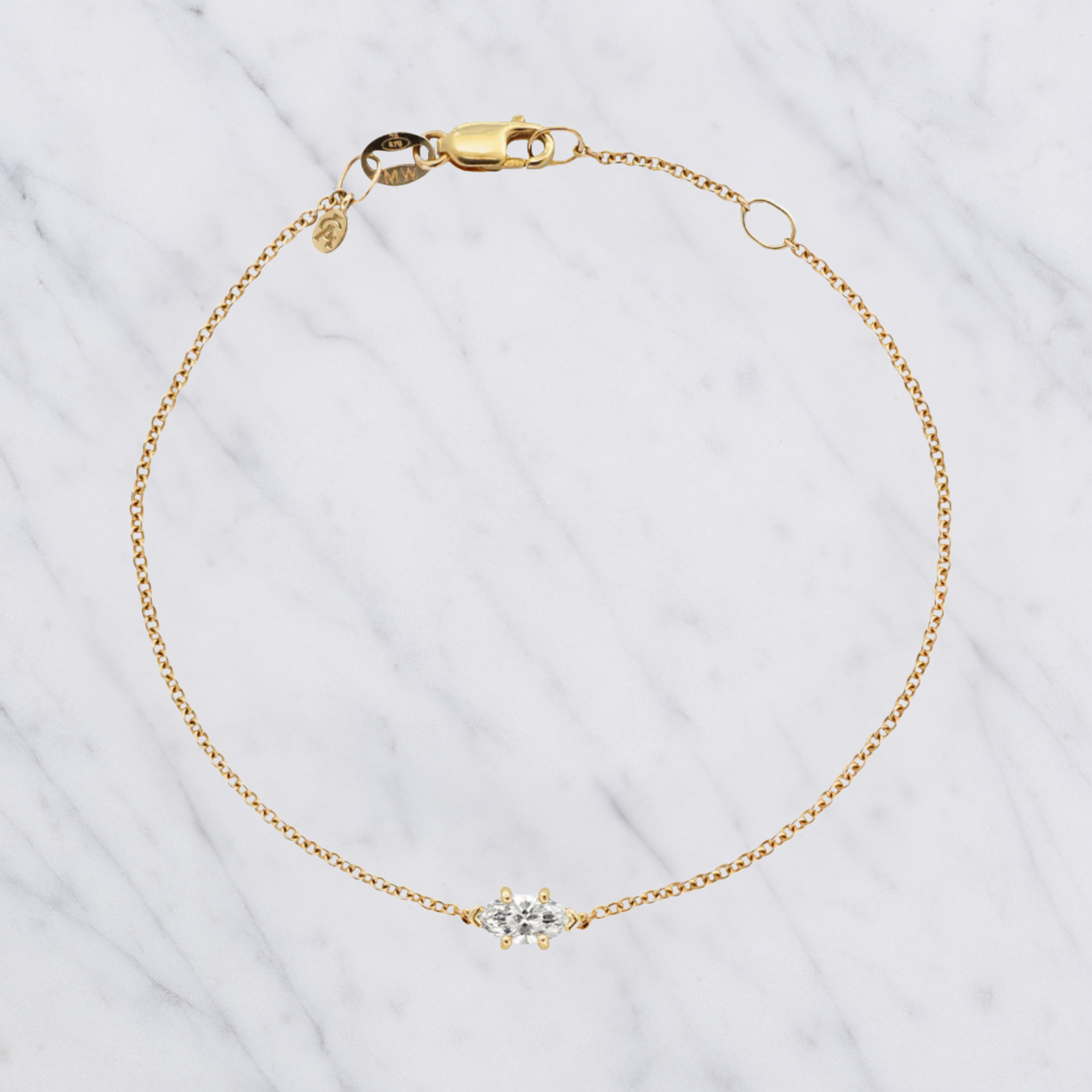 Handmade Marquise Cut Lab Grown Diamond Solitaire Bracelet in 14K Gold