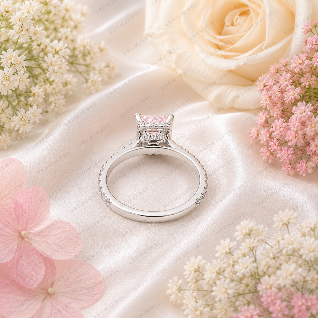 Pink Princess Cut Lab Grown Diamond Engagement Ring, Pavé Diamond Band, Minimalist Pink Diamond Ring, Elegant Bridal Ring, 10K 14K 18K Gold